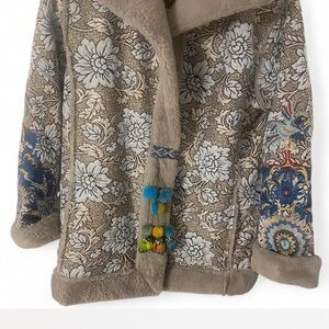 Johnny Was Taupe Floral Embroidered Teddy Jacket with Blue Accents